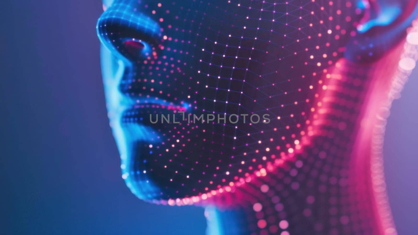 Futuristic digital human profile in neon mesh. Created using AI generated technology and image editing software.