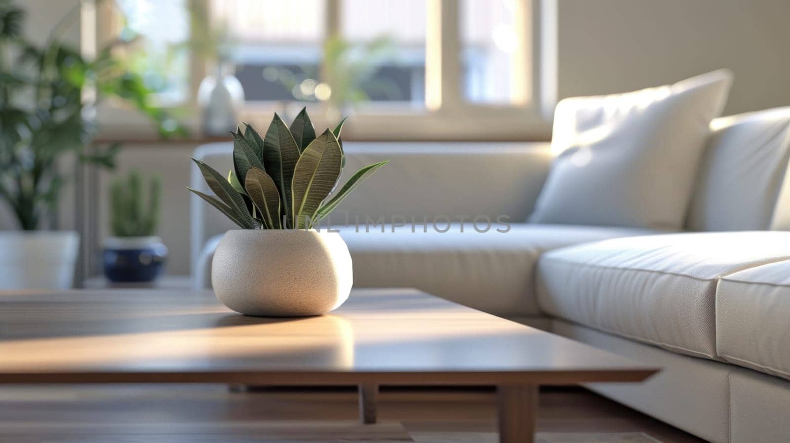 Sunlit living room with green plant decor. AI generated. by ChikaArt