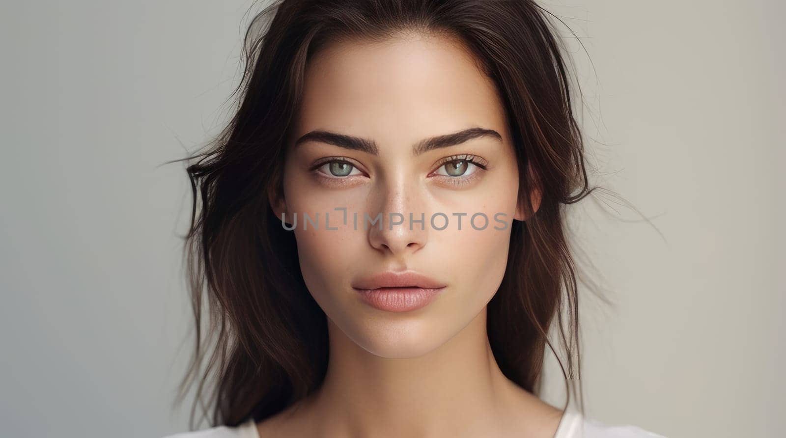Portrait of a beautiful, elegant, sexy Caucasian woman with perfect skin, on a gray background, banner. Advertising of cosmetic products, spa treatments, shampoos and hair care, dentistry and medicine, perfumes and cosmetology for women.