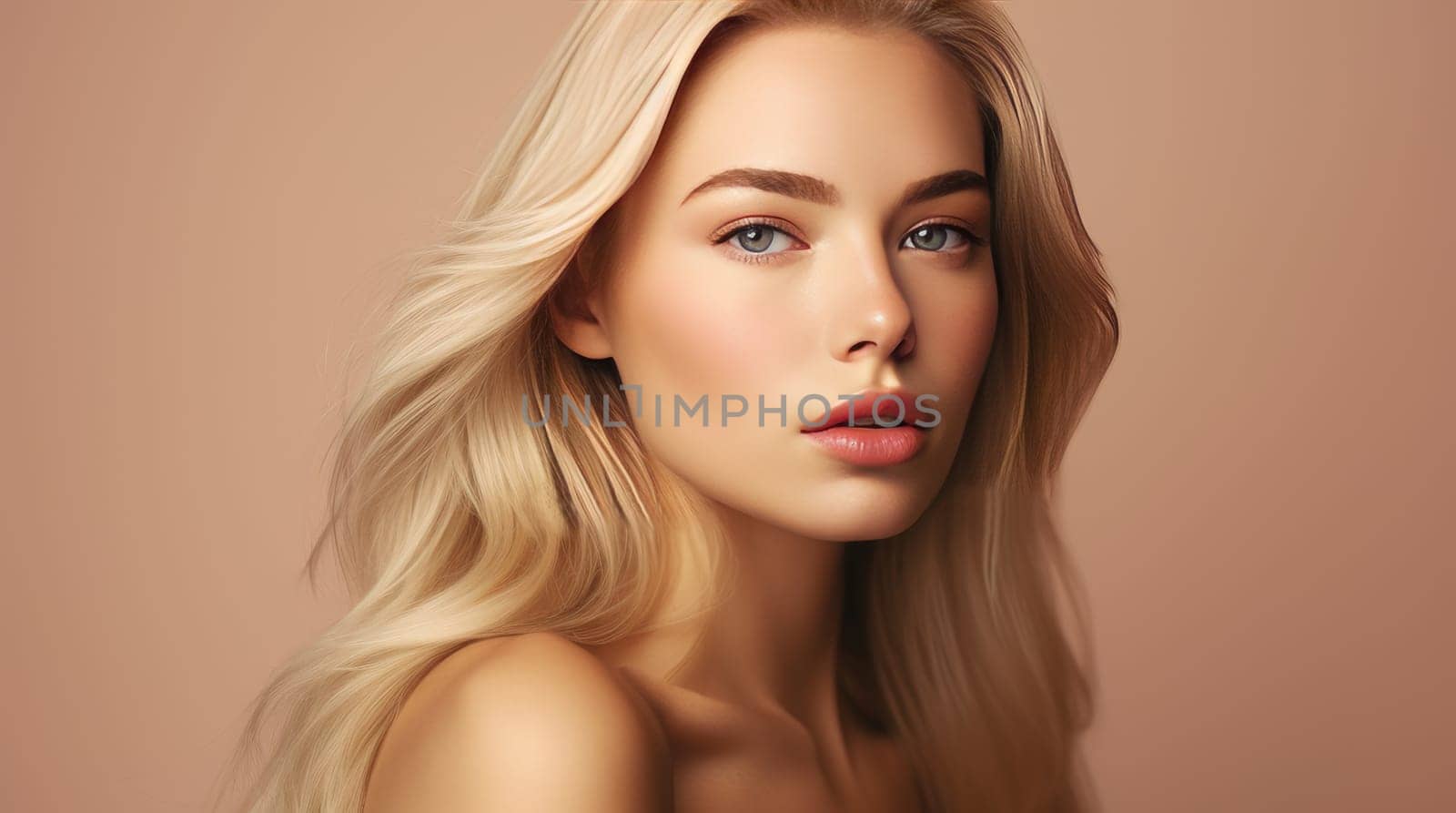 Portrait of a beautiful, sexy Caucasian woman with perfect skin and white long hair, on a beige cream background. Advertising of cosmetic products, spa treatments, shampoos and hair care, dentistry and medicine, perfumes and cosmetology for women.