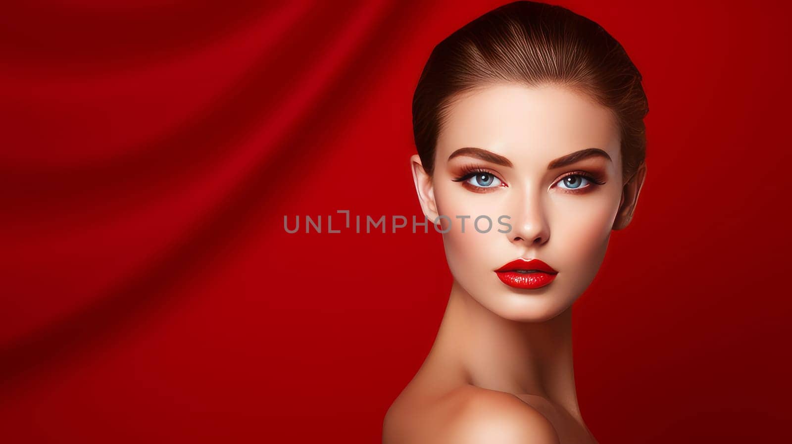 Portrait of a beautiful, elegant, sexy Caucasian woman with perfect skin, on a red background, banner. Advertising of cosmetic products, spa treatments, shampoos and hair care, dentistry and medicine, perfumes and cosmetology for women.