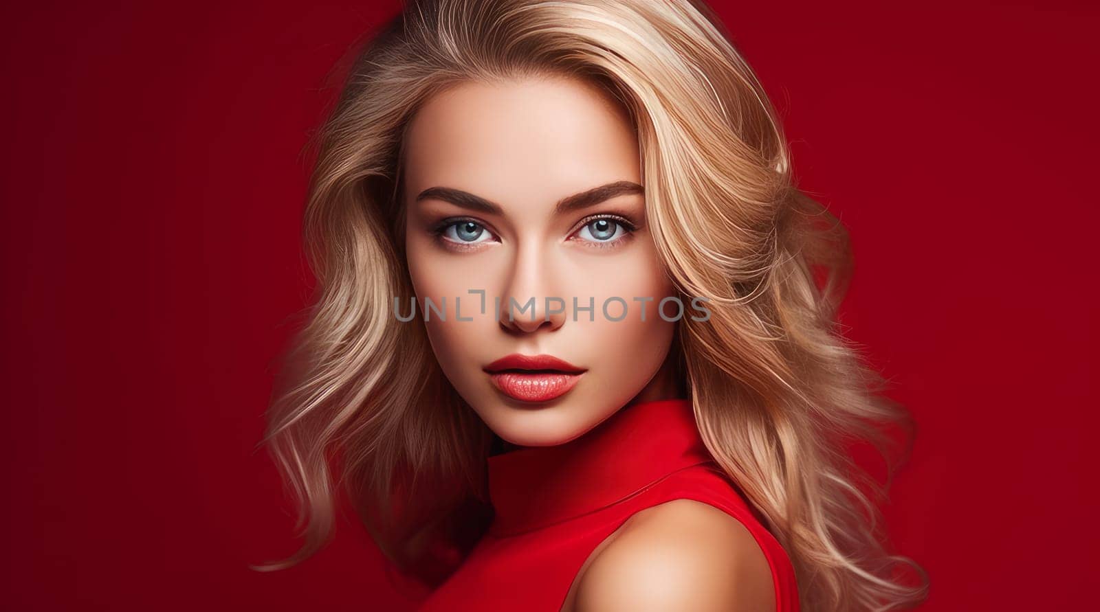 Portrait of a beautiful, sexy Caucasian woman with perfect skin and white long hair, on a red background. Advertising of cosmetic products, spa treatments, shampoos and hair care, dentistry and medicine, perfumes and cosmetology for women.