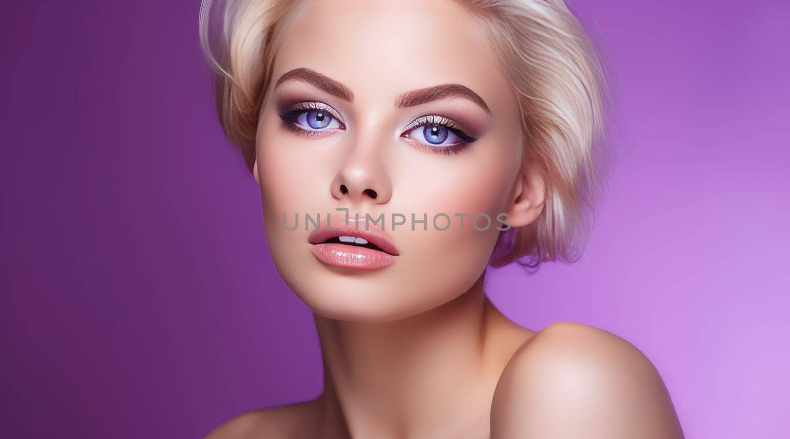 Portrait of a beautiful, sexy Caucasian woman with perfect skin and white long hair, on a purple background. by Alla_Yurtayeva