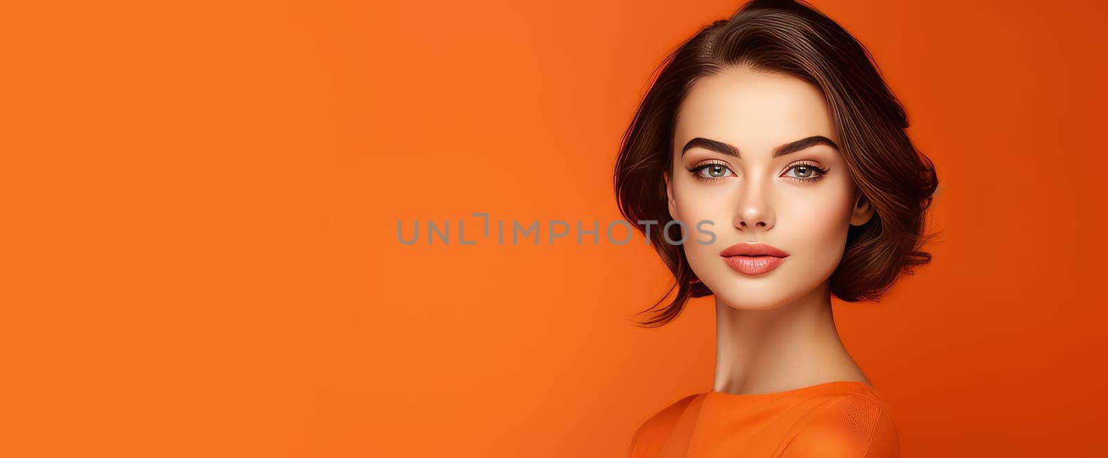 Portrait of a beautiful, elegant, sexy Caucasian woman with perfect skin, on an orange background, banner. Advertising of cosmetic products, spa treatments, shampoos and hair care, dentistry and medicine, perfumes and cosmetology for women.