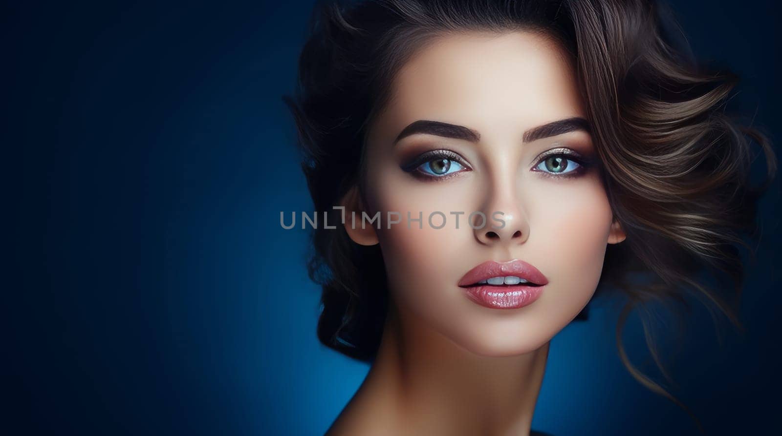 Portrait of a beautiful, elegant, sexy Caucasian woman with perfect skin, on a dark blue background, banner. by Alla_Yurtayeva