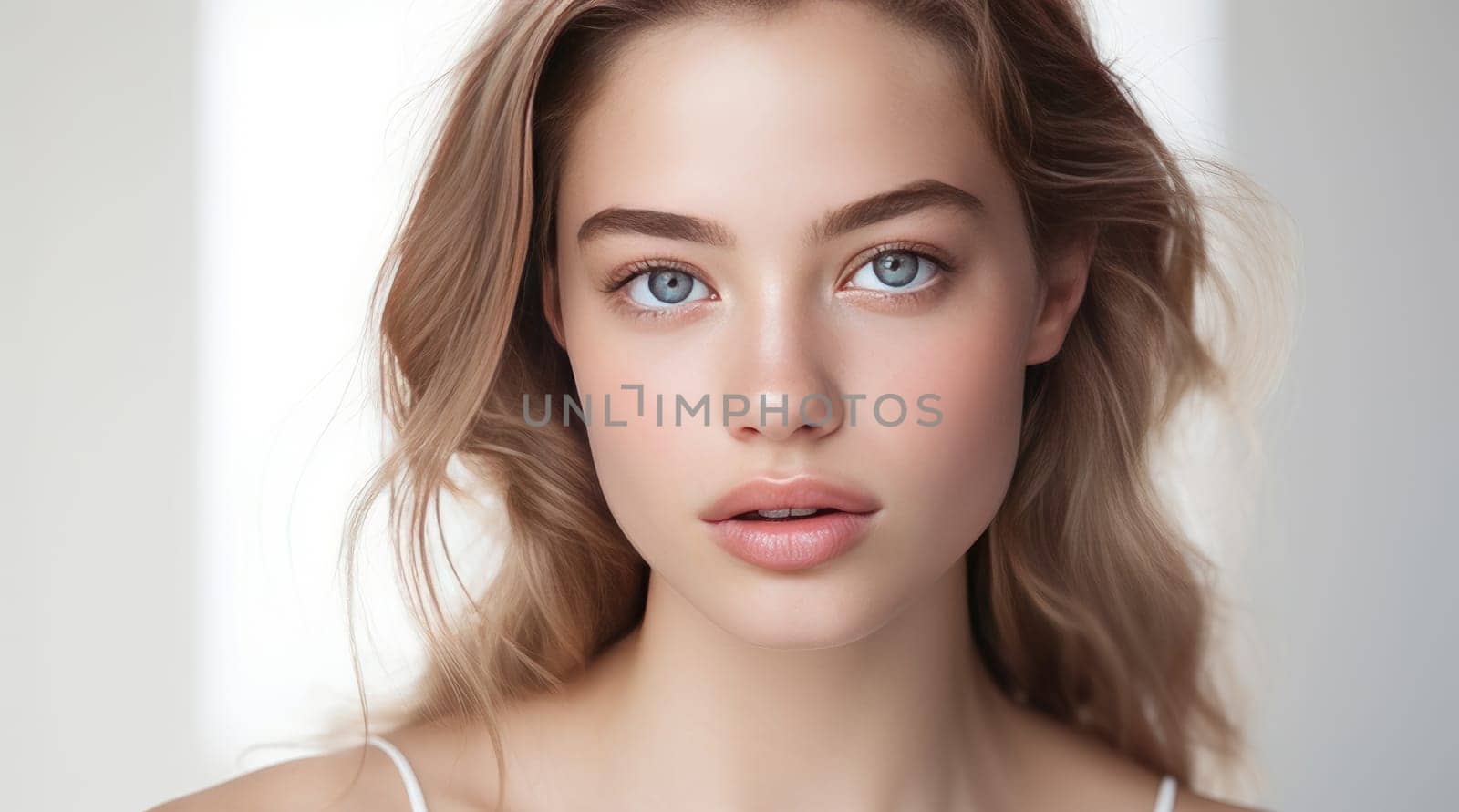 Portrait of a beautiful, elegant, sexy Caucasian woman with perfect skin, on a white background, banner. Advertising of cosmetic products, spa treatments, shampoos and hair care, dentistry and medicine, perfumes and cosmetology for women.