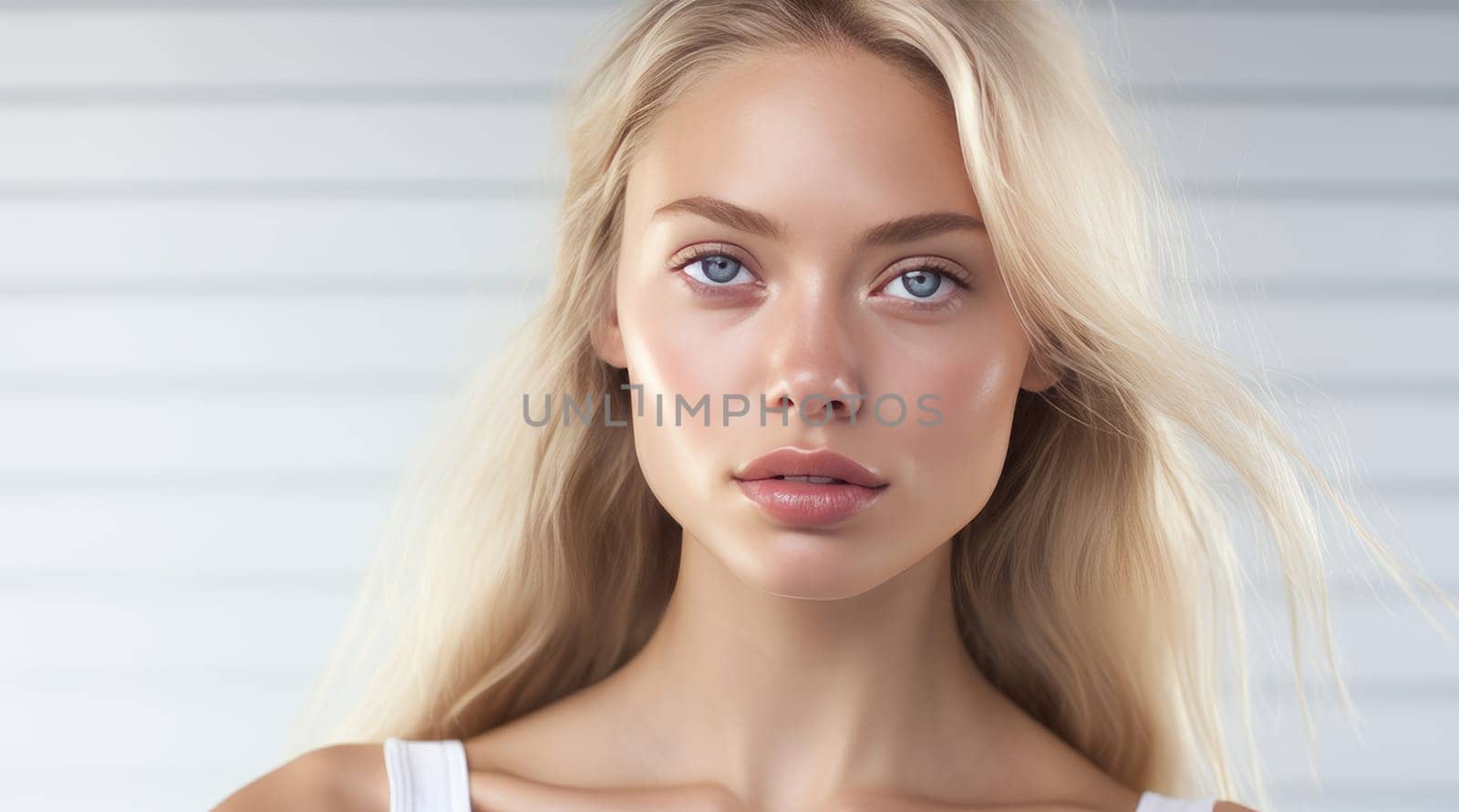 Portrait of a beautiful, sexy Caucasian woman with perfect skin and white long hair, on a white background. Advertising of cosmetic products, spa treatments, shampoos and hair care, dentistry and medicine, perfumes and cosmetology for women.