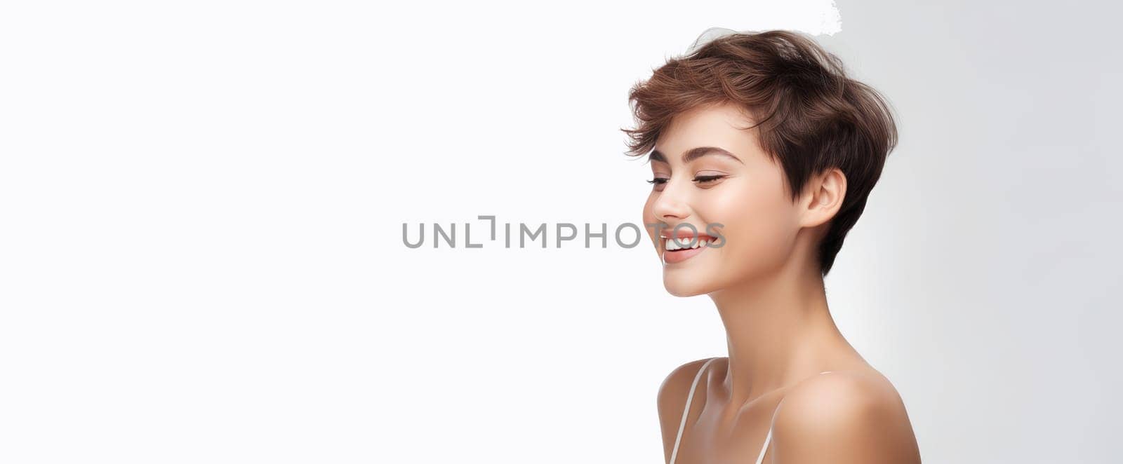 Portrait of a beautiful, sexy smiling Caucasian woman with perfect skin and short haircut, on a white background. Advertising of cosmetic products, spa treatments, shampoos and hair care, dentistry and medicine, perfumes and cosmetology for women.