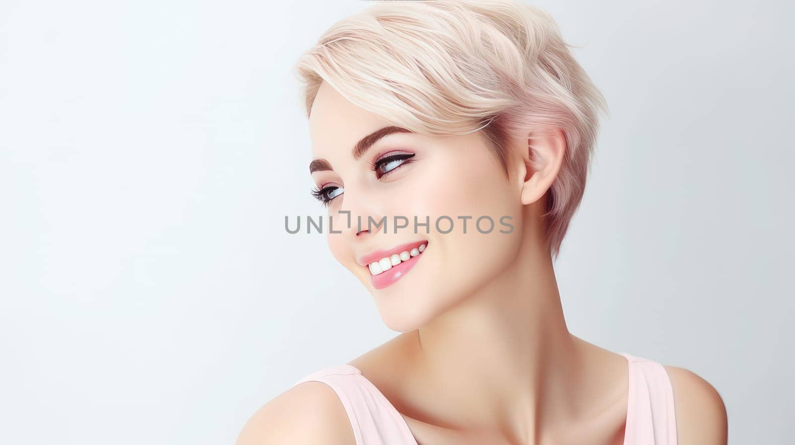 Portrait of a beautiful, sexy Caucasian woman with perfect skin and white short hair, on a white background. Advertising of cosmetic products, spa treatments, shampoos and hair care, dentistry and medicine, perfumes and cosmetology for women.