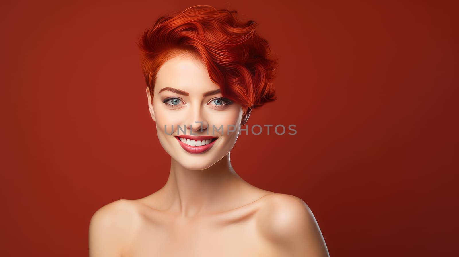 Portrait of an elegant, sexy smiling woman with perfect skin and short red hair, on a red background, banner. by Alla_Yurtayeva