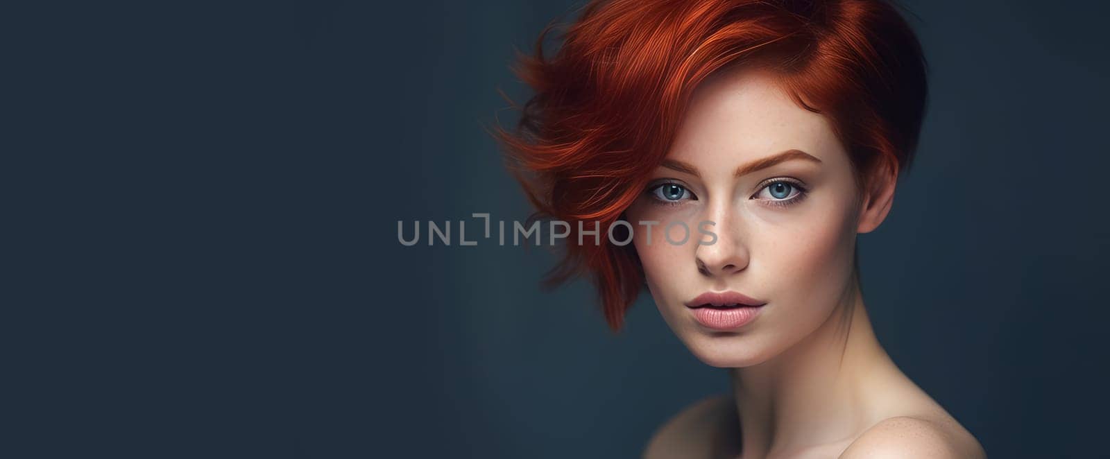 Portrait of an elegant, sexy smiling woman with perfect skin and short red hair, on a dark blue background, banner. by Alla_Yurtayeva