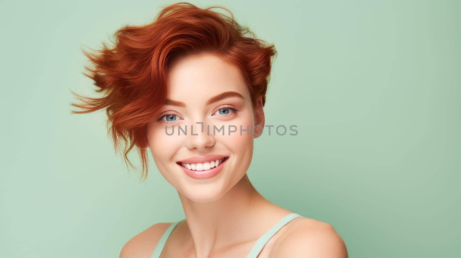 Portrait of an elegant, sexy smiling woman with perfect skin and short red hair, on a light green background, banner. Advertising of cosmetic products, spa treatments, shampoos and hair care, dentistry and medicine, perfumes and cosmetology for women