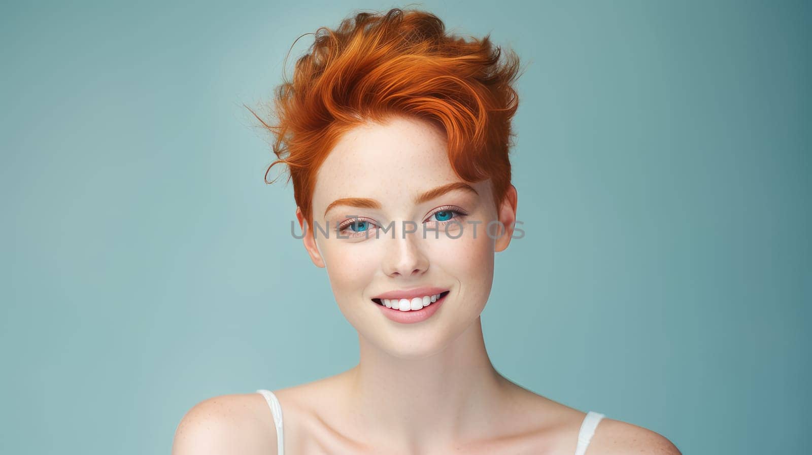 Portrait of an elegant, sexy smiling woman with perfect skin and short red hair, on a light blue background, banner. Advertising of cosmetic products, spa treatments, shampoos and hair care, dentistry and medicine, perfumes and cosmetology for women.