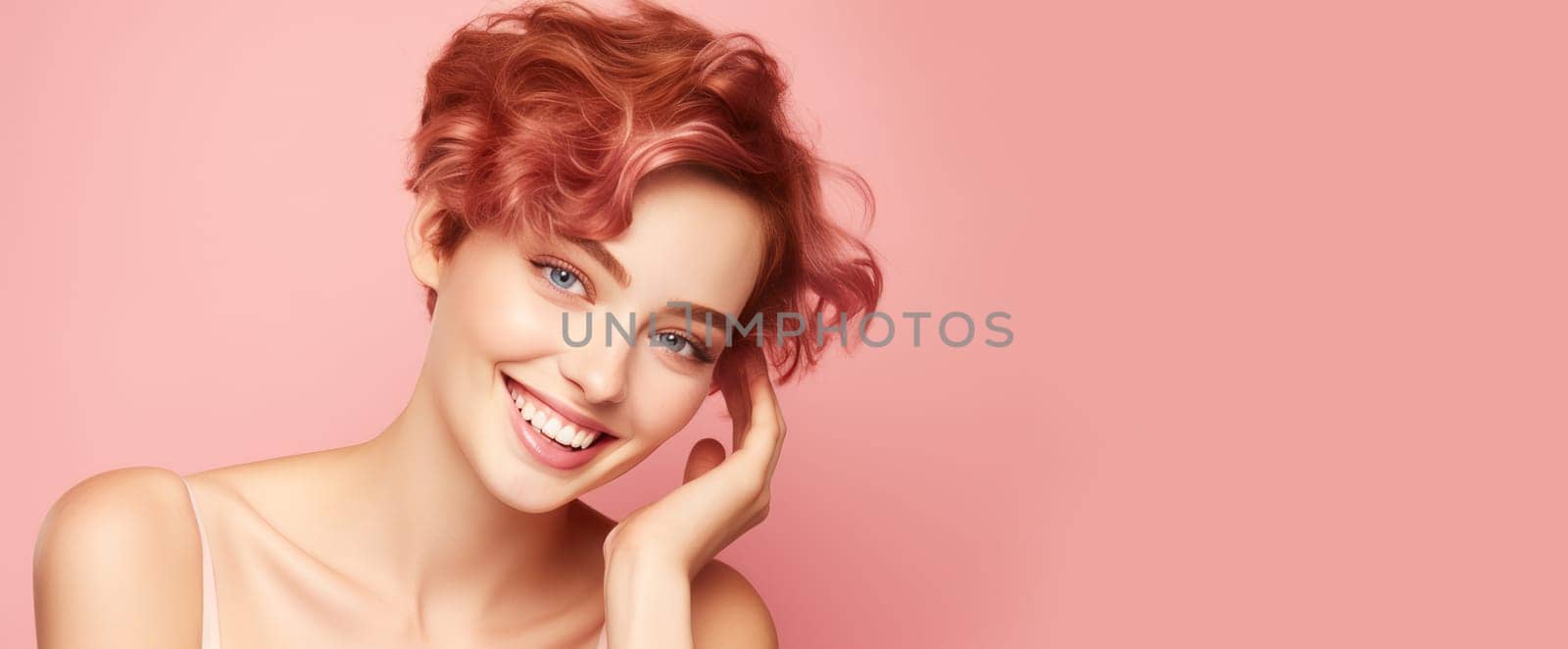 Portrait of an elegant, sexy smiling woman with perfect skin and short red hair, on a yellow background, banner. Advertising of cosmetic products, spa treatments, shampoos and hair care, dentistry and medicine, perfumes and cosmetology for women.