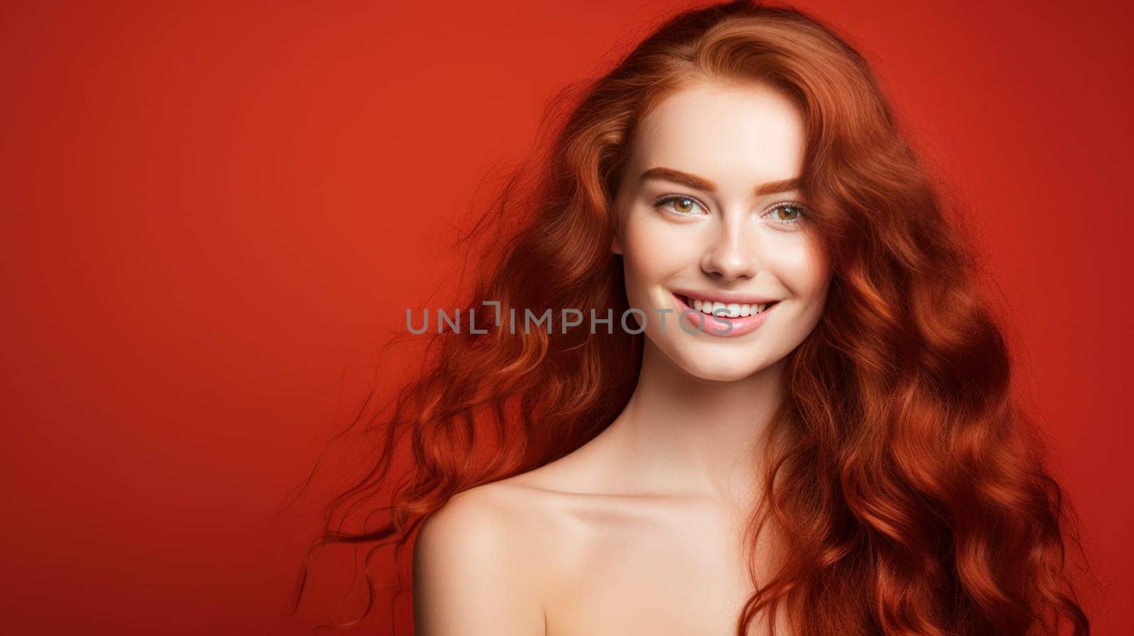 Portrait of an elegant, sexy smiling woman with perfect skin and long red hair, on a red background, banner. Advertising of cosmetic products, spa treatments, shampoos and hair care, dentistry and medicine, perfumes and cosmetology for women.