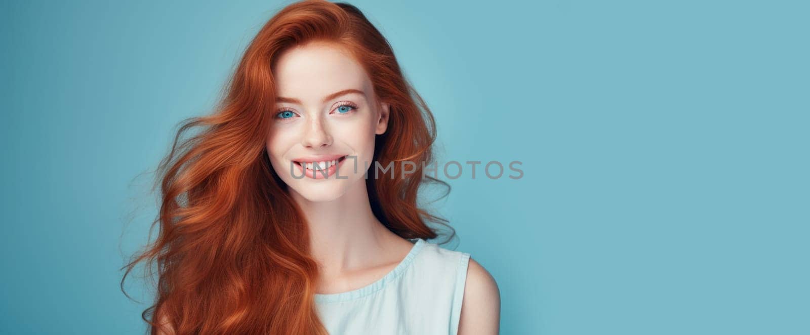 Portrait of an elegant, sexy smiling woman with perfect skin and long red hair, on a light blue background, banner. by Alla_Yurtayeva