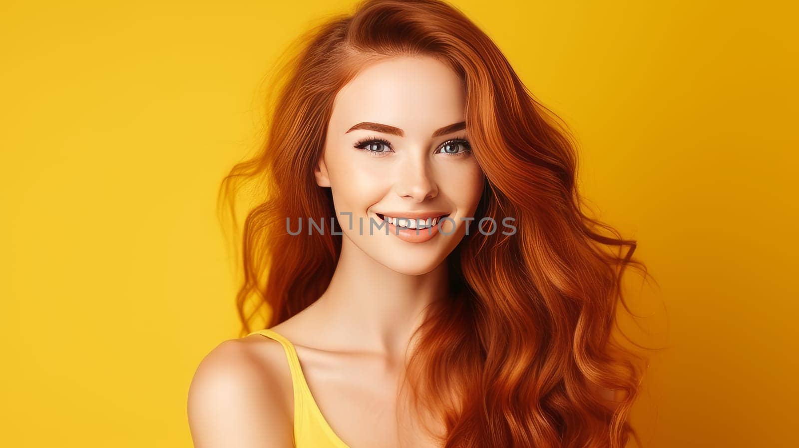 Portrait of an elegant, sexy smiling woman with perfect skin and long red hair, on a yellow background, banner. by Alla_Yurtayeva