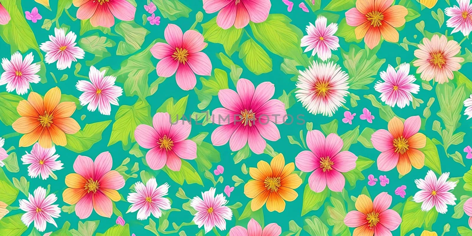 Vibrant flowers and lush plants pattern, painting a breathtaking scene of natural beauty . Generative AI.