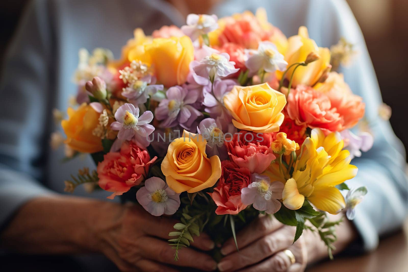 A beautiful bouquet of flowers in the hands of an elderly woman. Mother's day concept, March 8th.