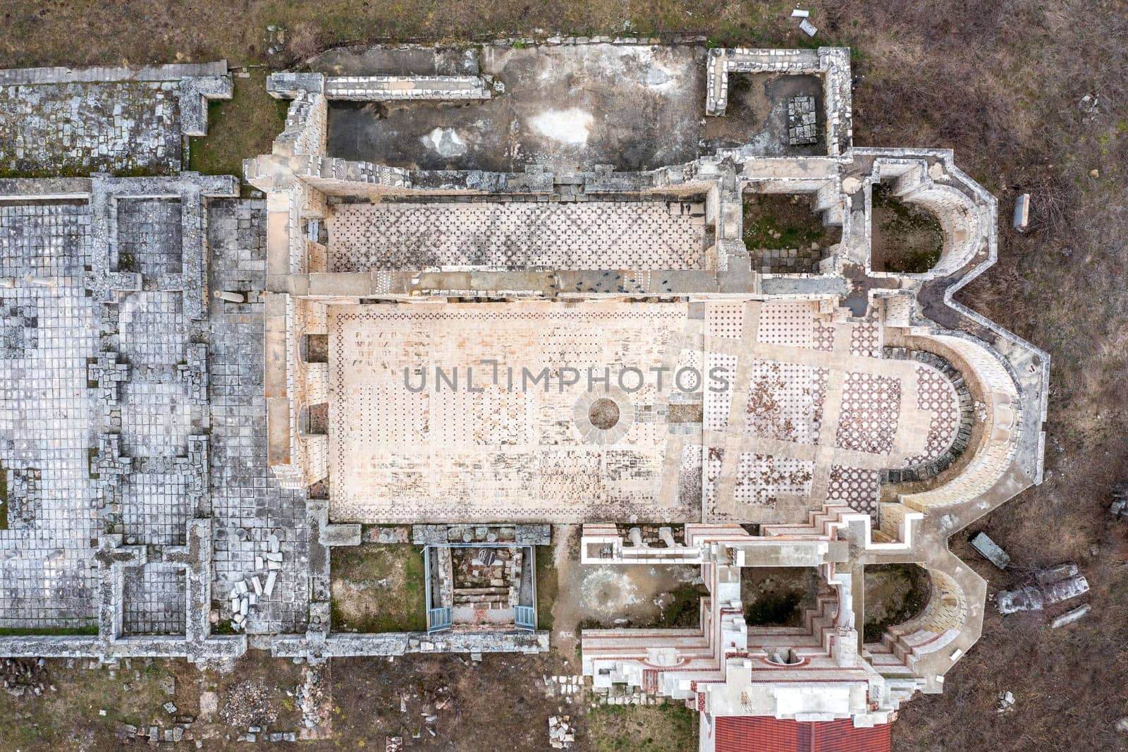 Aerial top view of The Great Basilica, Pliska, Bulgaria. Largest Christian cathedral in medieval Europe. The first Bulgarian capital.