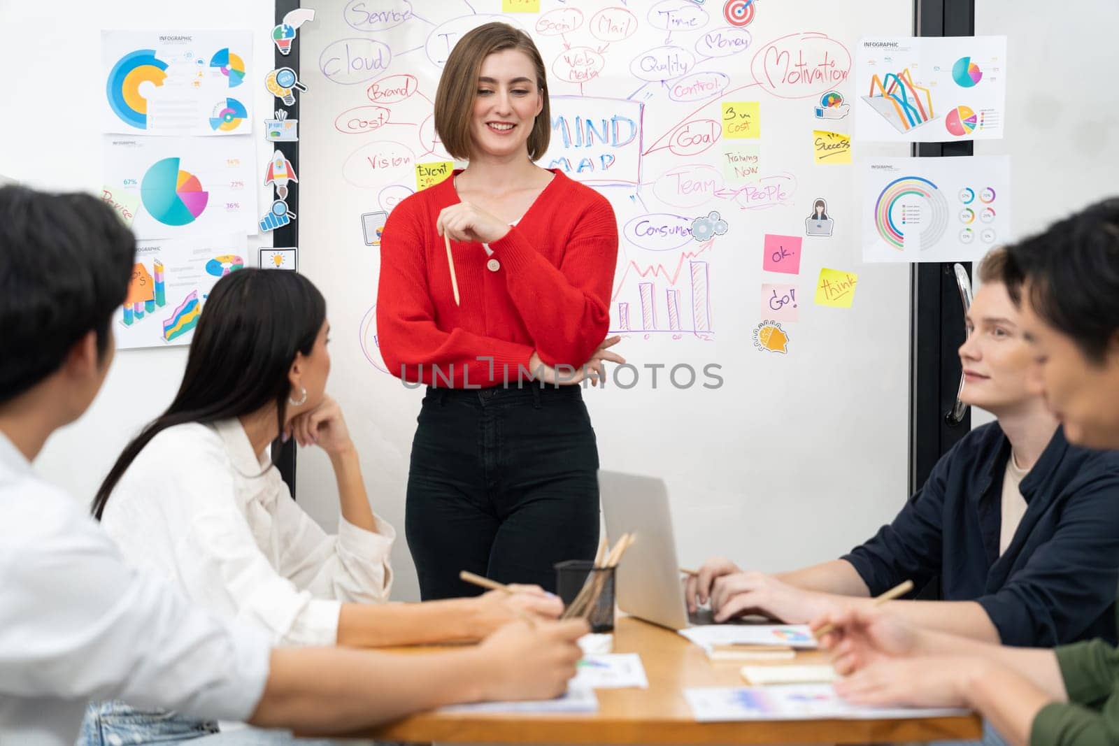 Young beautiful leader presents marketing strategy while expert investor and project manager listening and lecturing to analyze business performance at start up business meeting. Immaculate.