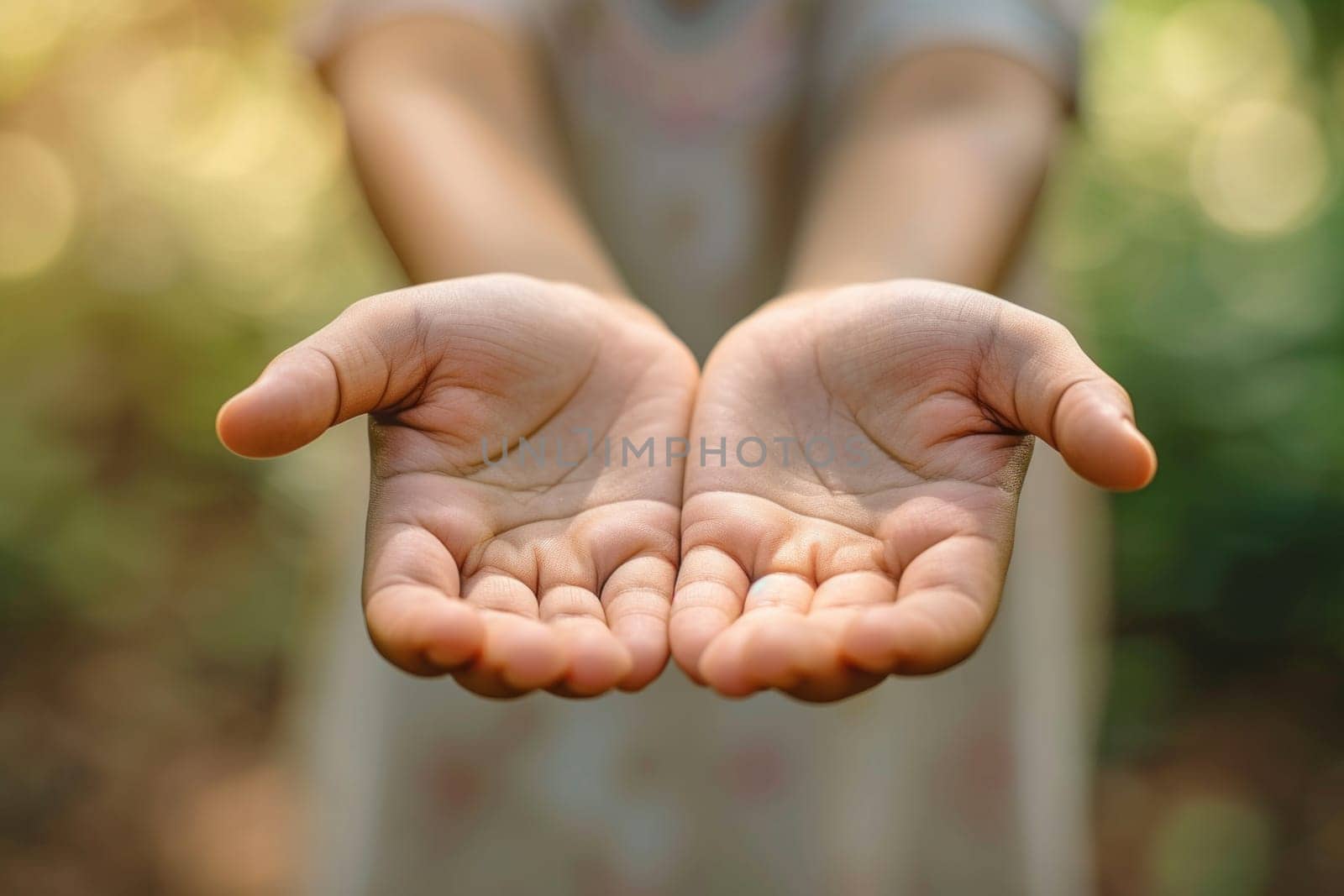 Close up of hands giving charity and support to the needy.Ramadan and humility concepts. Outdoors in nature.