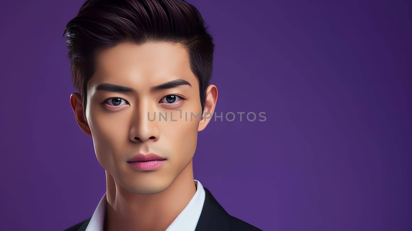 Elegant handsome young male guy Asian, on purple background, banner, copy space, portrait. by Alla_Yurtayeva