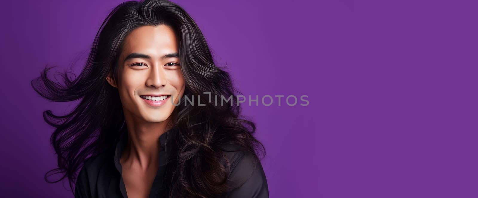Elegant handsome smiling young Asian man with long hair, on purple background, banner, copy space, portrait. by Alla_Yurtayeva