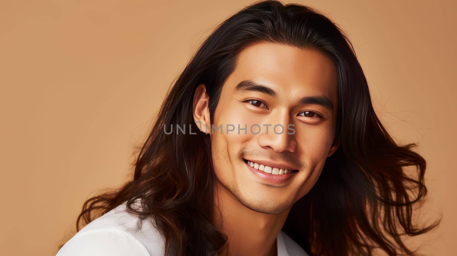 Elegant handsome smiling young Asian man with long hair, on beige cream, banner, copy space, portrait. Advertising of cosmetic products, spa treatments, shampoos and hair care products, dentistry and medicine, perfumes and cosmetology for men