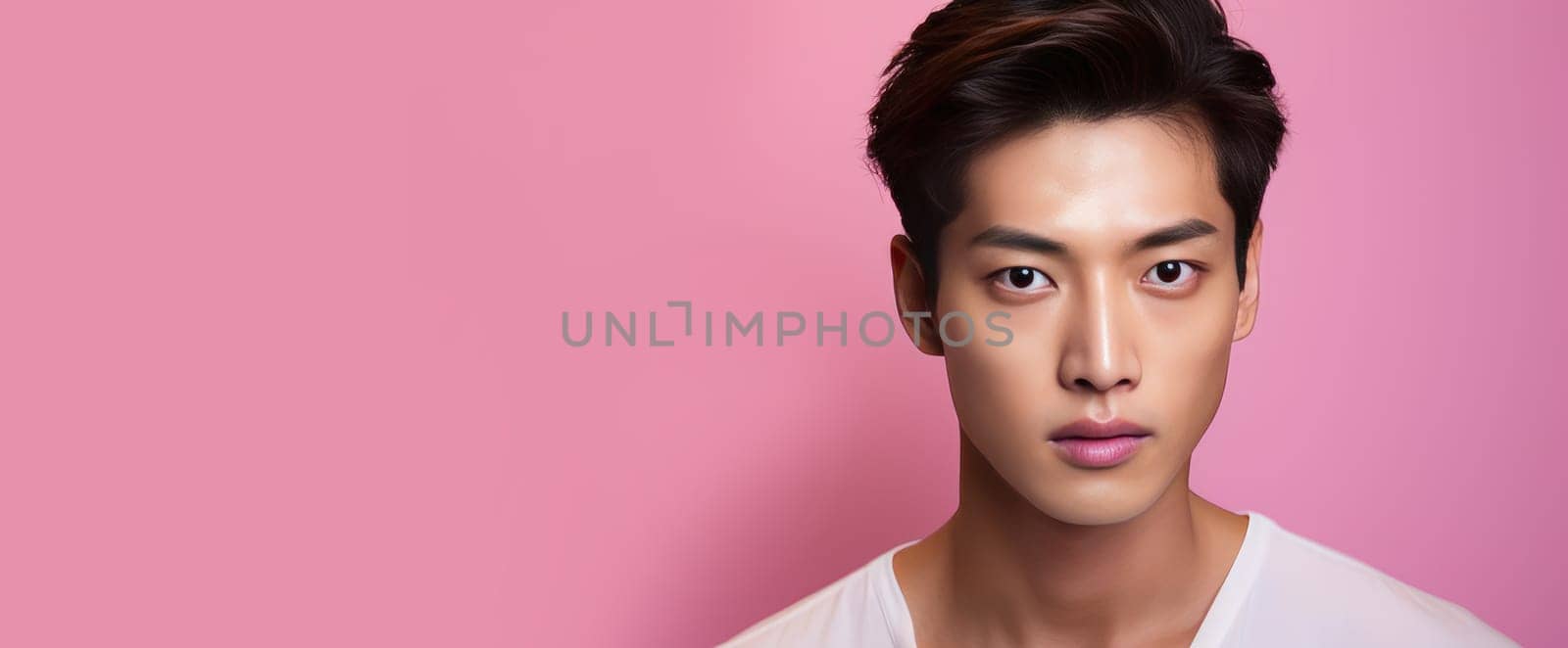 Elegant handsome young male guy Asian, on pink background, banner, copy space, portrait. Advertising of cosmetic products, spa treatments, shampoos and hair care products, dentistry and medicine, perfumes and cosmetology for men