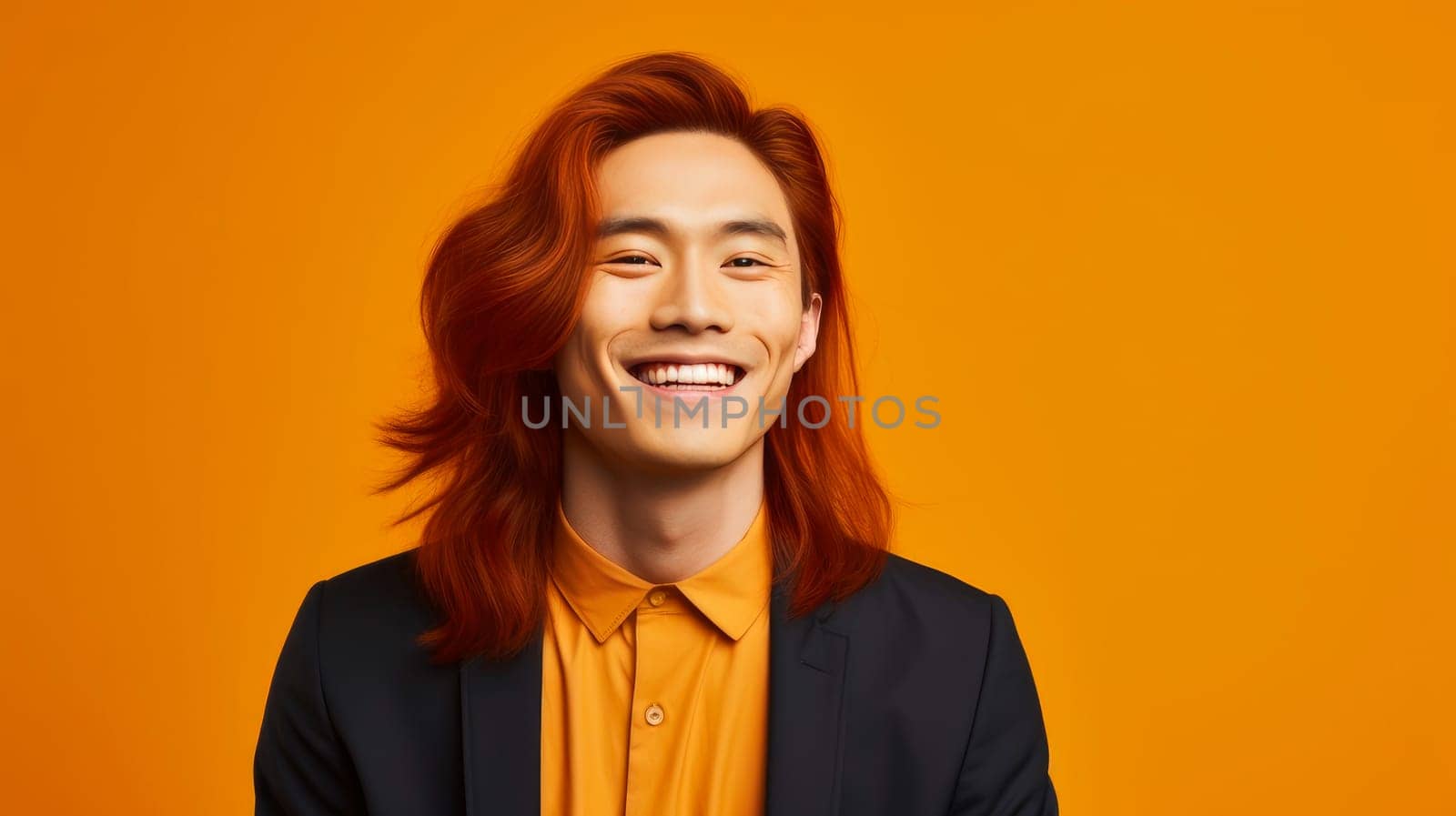 Handsome young male guy smile Asian with long red hair, on yellow orange background, banner, copy space, portrait. by Alla_Yurtayeva