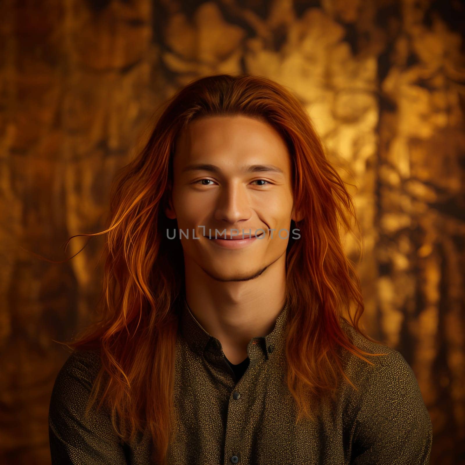 Handsome young male guy smile Asian with long red hair, on golden background, banner, copy space, portrait. by Alla_Yurtayeva