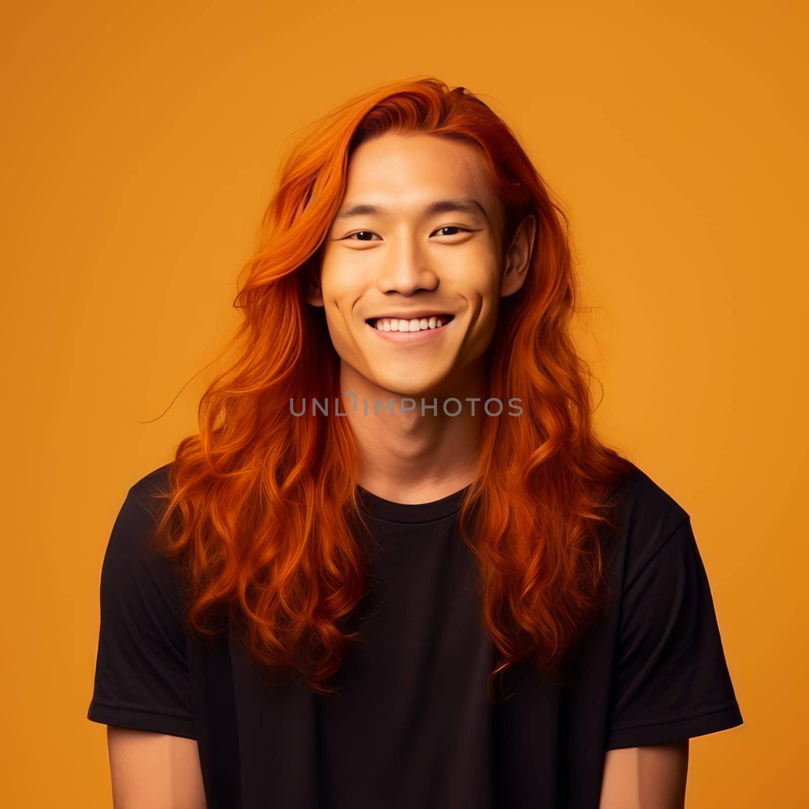 Handsome young male guy smile Asian with long red hair, on yellow orange background, banner, copy space, portrait. by Alla_Yurtayeva