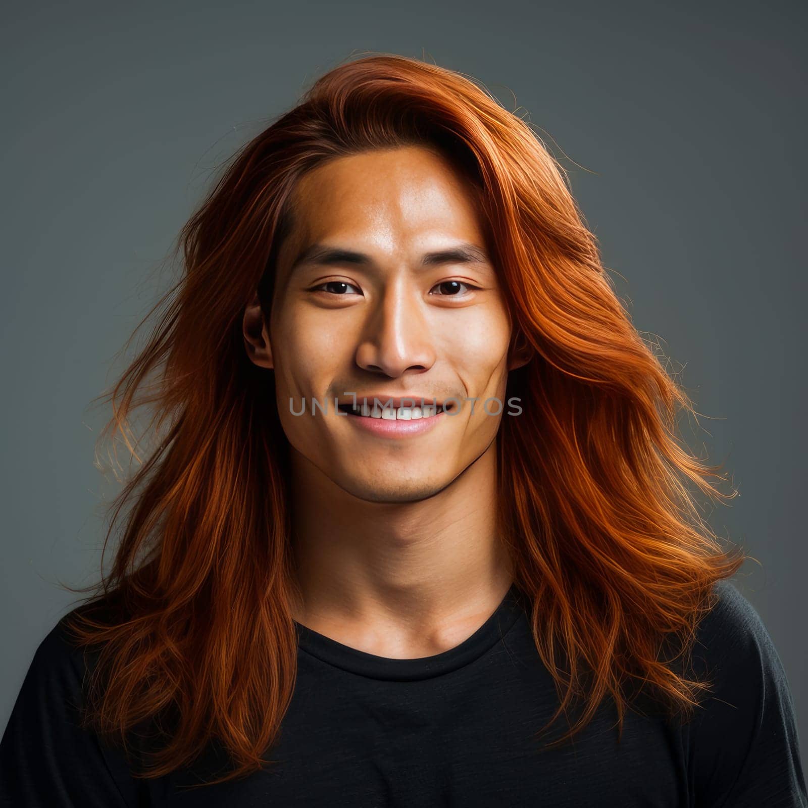 Handsome young male guy smile Asian with long red hair, on gray background, banner, copy space, portrait. Advertising of cosmetic products, spa treatments, shampoos and hair care products, dentistry and medicine, perfumes and cosmetology for men