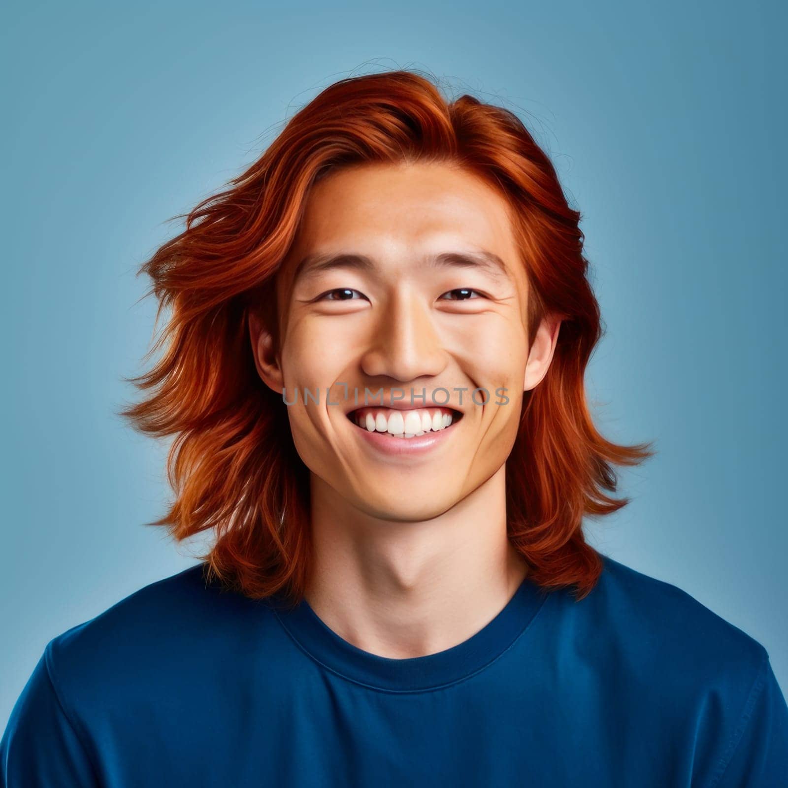 Handsome young male guy smile Asian with long red hair, on a light blue background, banner, copy space, portrait. Advertising of cosmetic products, spa treatments, shampoos and hair care products, dentistry and medicine, perfumes and cosmetology men