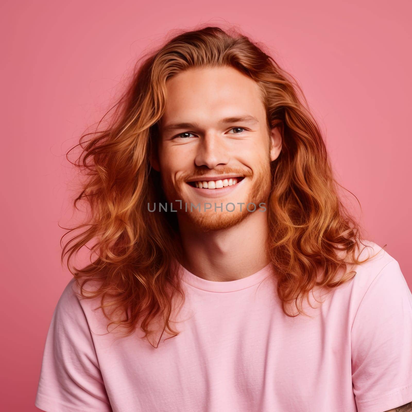 Handsome young male guy smile Asian with long red hair, on pink background, banner, copy space, portrait. Advertising of cosmetic products, spa treatments, shampoos and hair care products, dentistry and medicine, perfumes and cosmetology for men