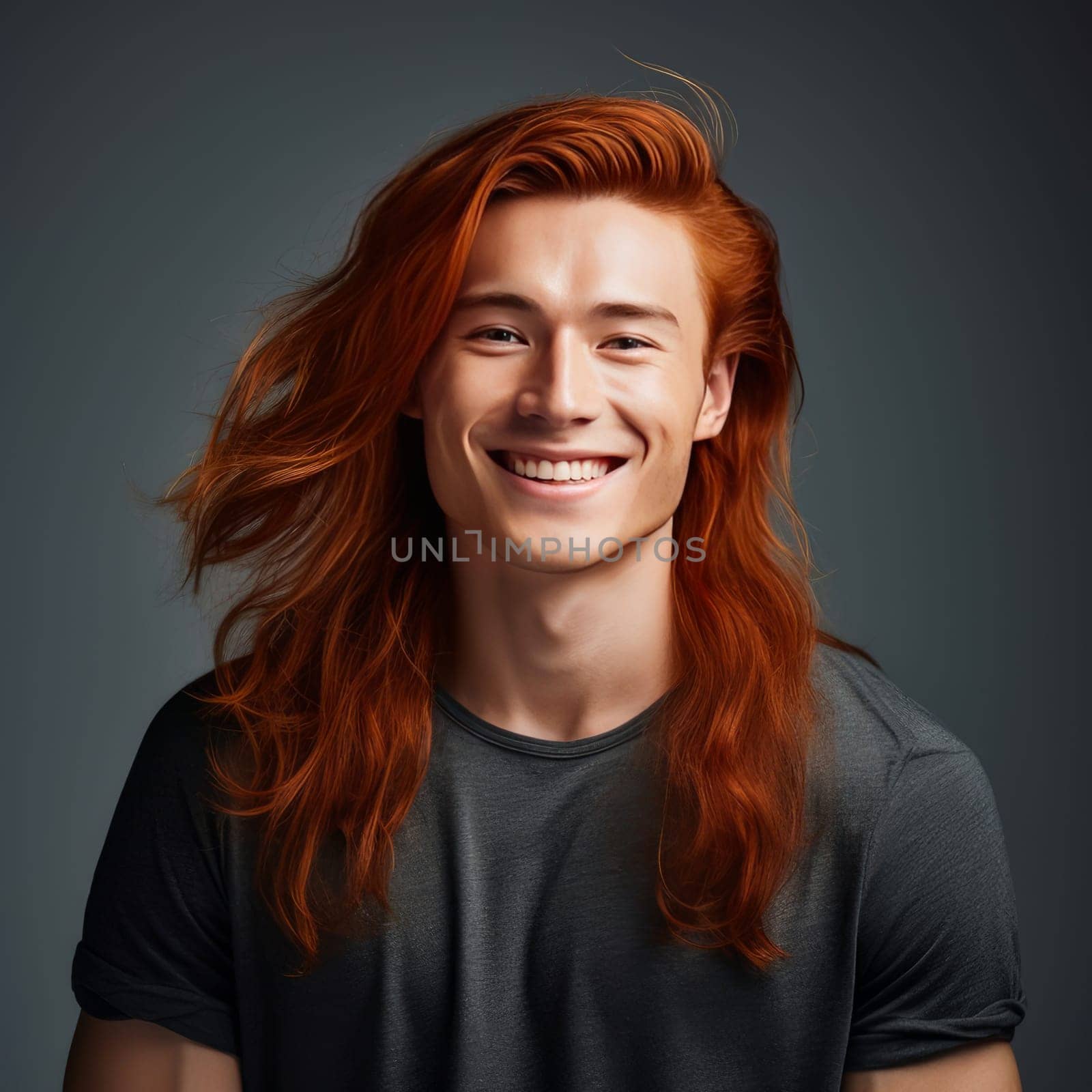 Handsome young male guy smile Asian with long red hair, on a silver background, banner, copy space, portrait. Advertising of cosmetic products, spa treatments, shampoos and hair care products, dentistry and medicine, perfumes and cosmetology for men