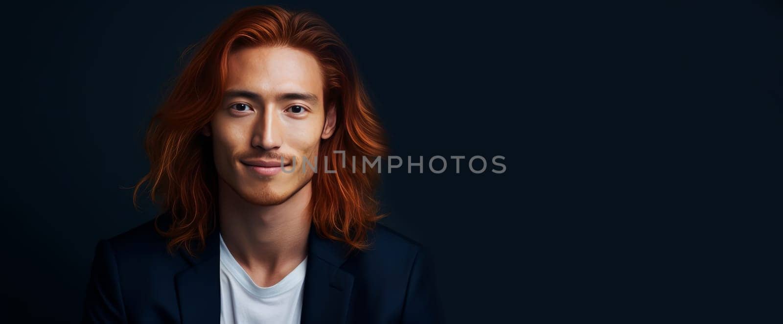 Handsome young male guy smile Asian with long red hair, on a dark blue background, banner, copy space, portrait. by Alla_Yurtayeva