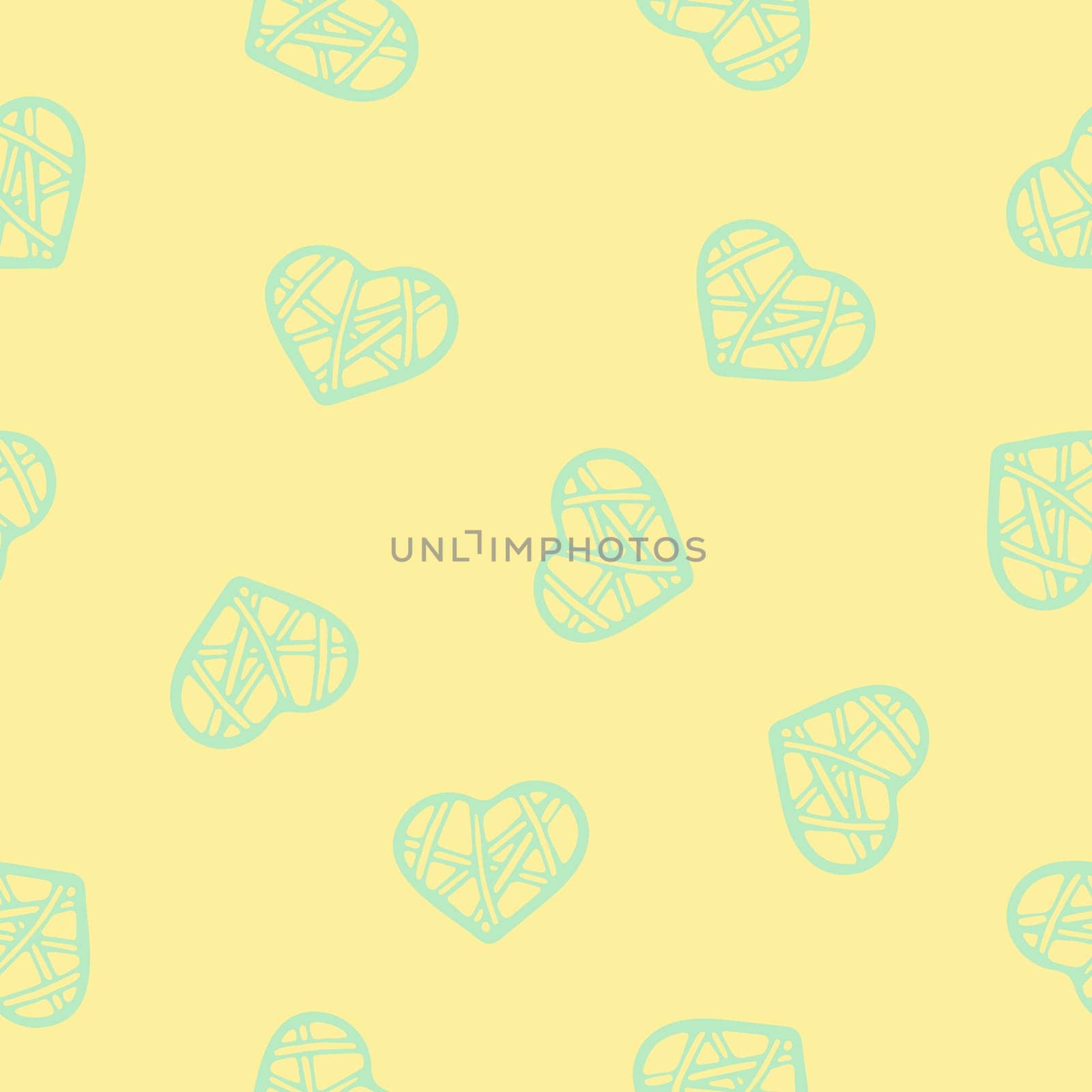 Hand Drawn Seamless Patterns with Hearts in Doodle Style. Romantic Love Digital Paper for Valentines Day. Colorful Hearts on Yellow Pastel Background.