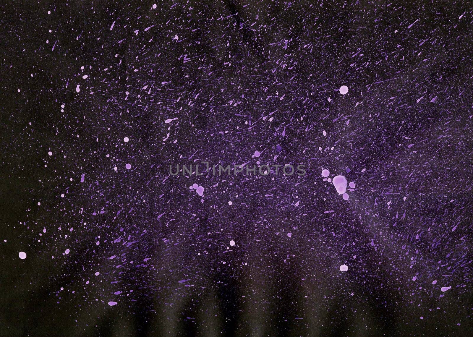 Watercolor Colorful Splash Background. Violet Splashes on Black Background. Space, Snow Blizzard, Star, Universe.