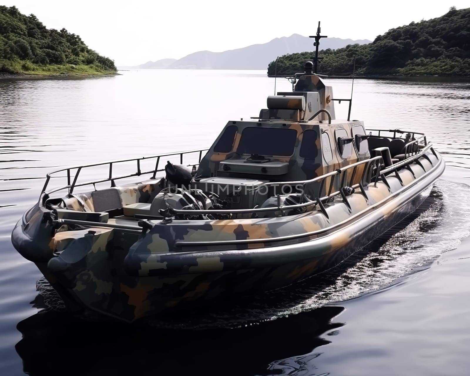 camouflage boat in military khaki. Boat on the white