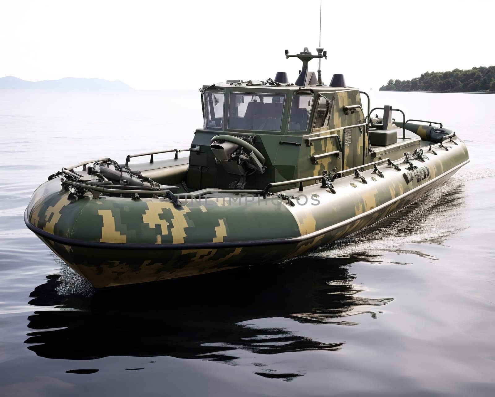 camouflage boat in military khaki. Boat on the white