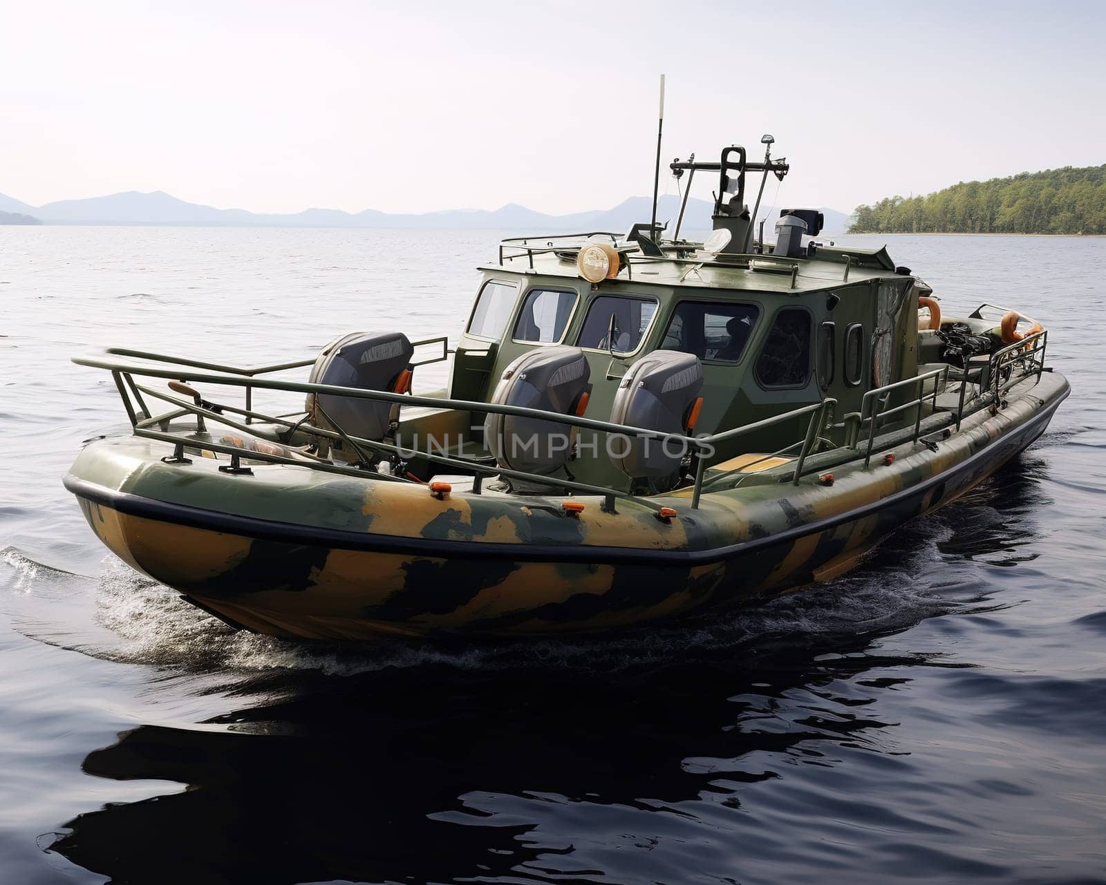 camouflage boat in military khaki. Boat on the white