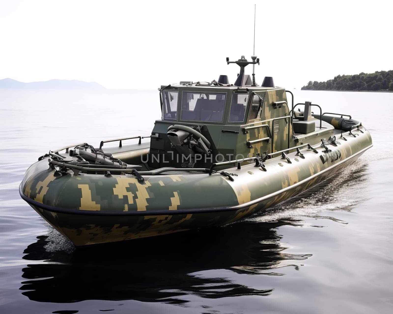 camouflage boat in military khaki. Boat on the white