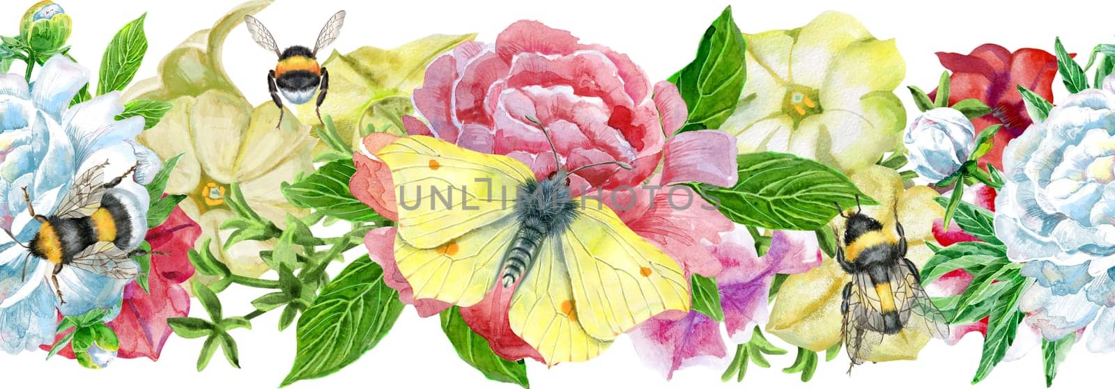 Seamless composition of color petunia and peony flowers. Watercolor illustration by NataOmsk