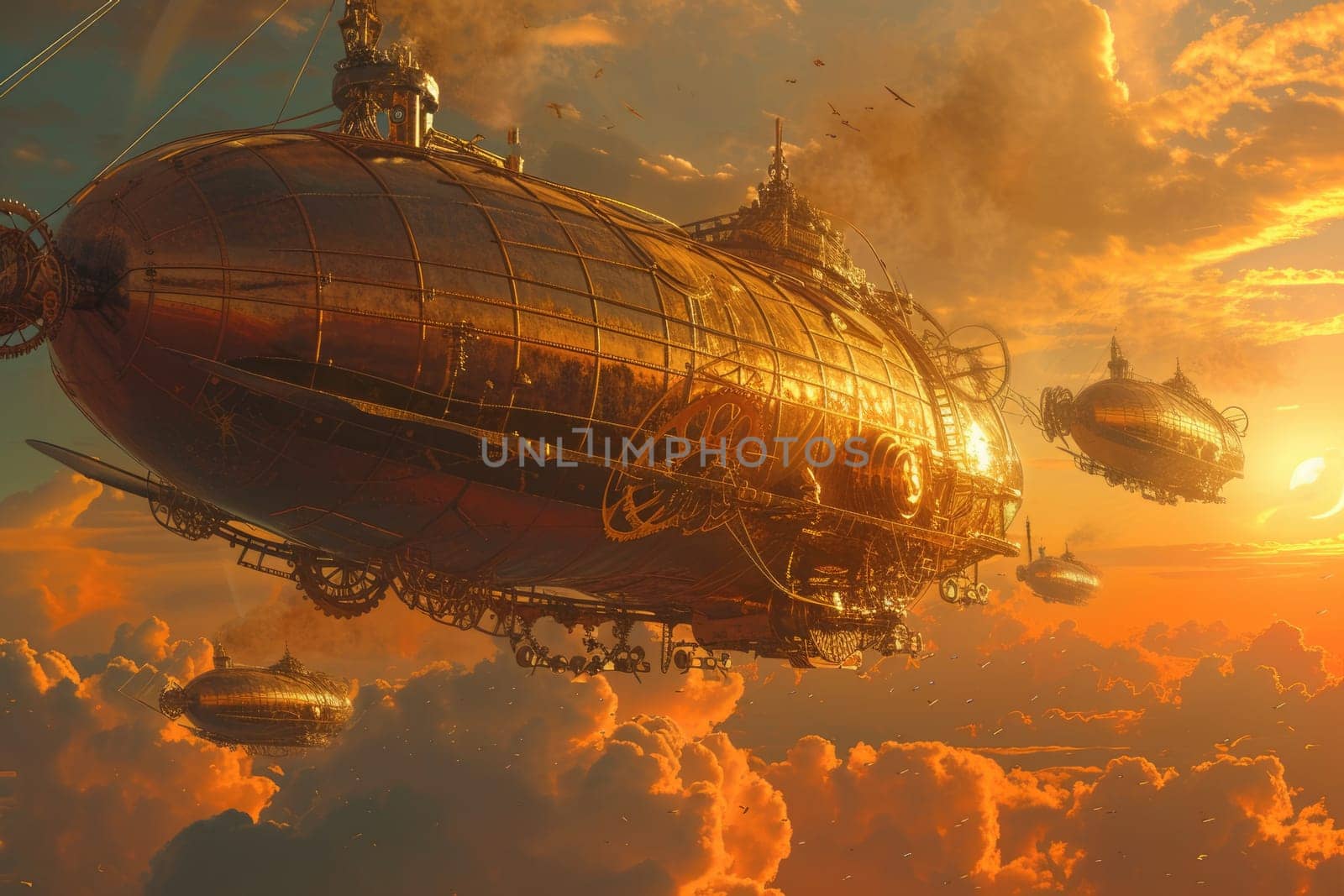 Steampunk Airships in a Sunset Sky. Resplendent. by biancoblue