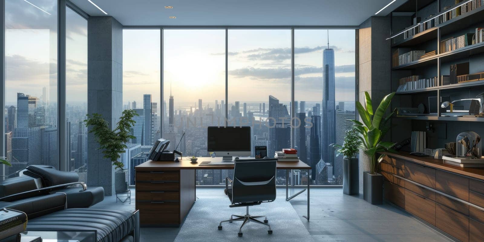 Elegant home office featuring sleek furniture, ambient lighting, and a breathtaking city view. Resplendent.