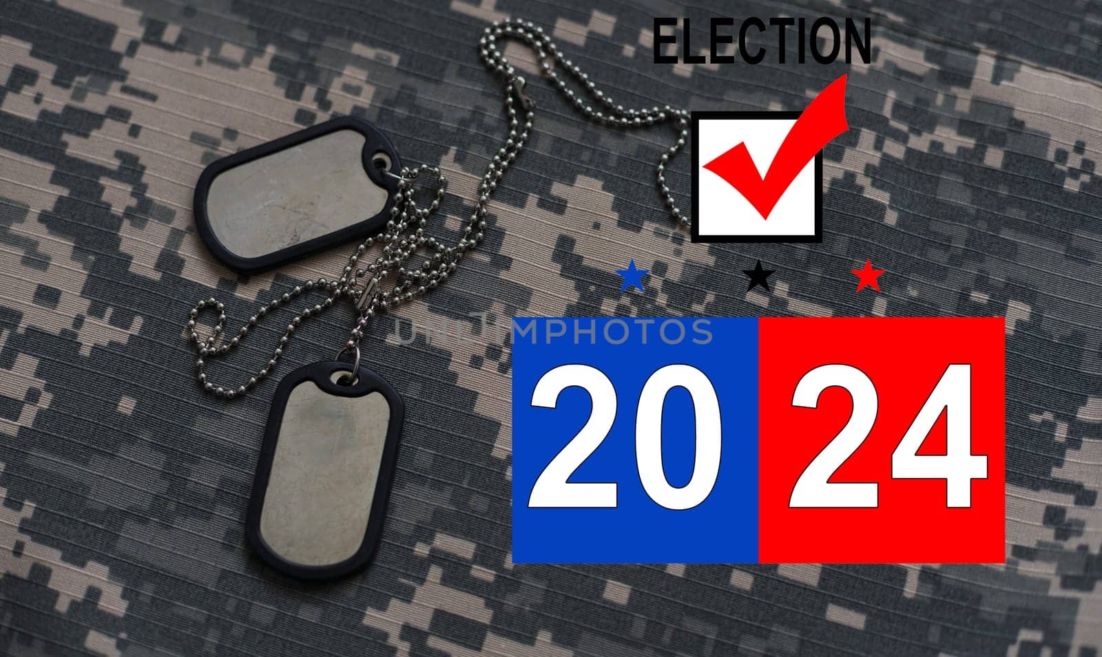 Presidential Election Vote 2024 USA time. army camouflage and badge. High quality photo