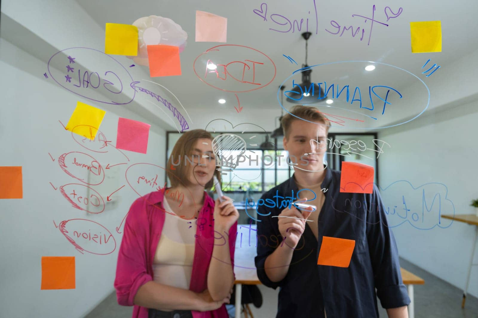 Couple of young creative start up business people brainstorming idea and solving problems by using sticky note and mind map at glass board, meeting room. discussing, working together. Immaculate.