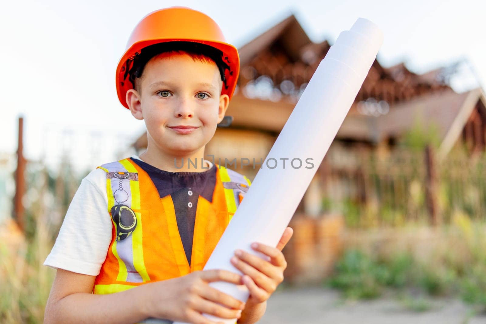 Smiling Boy in Hard Hat Holding Blueprints by andreyz